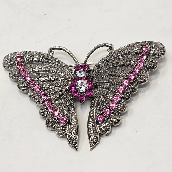 Butterfly Silver Tone Pink Clear Rhinestone Brooch Statement Insect Bug Jewelry - Picture 2 of 5